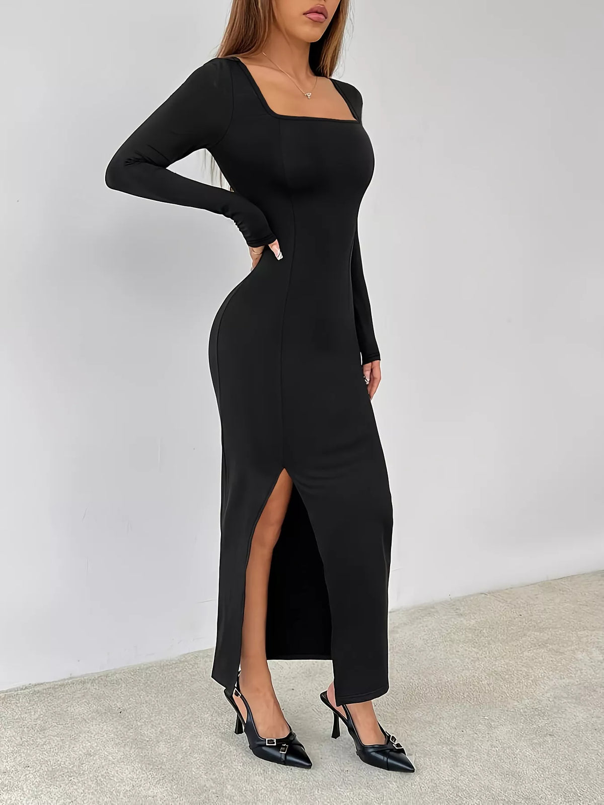 Square Neck Slit Bodycon Maxi Dress in Black