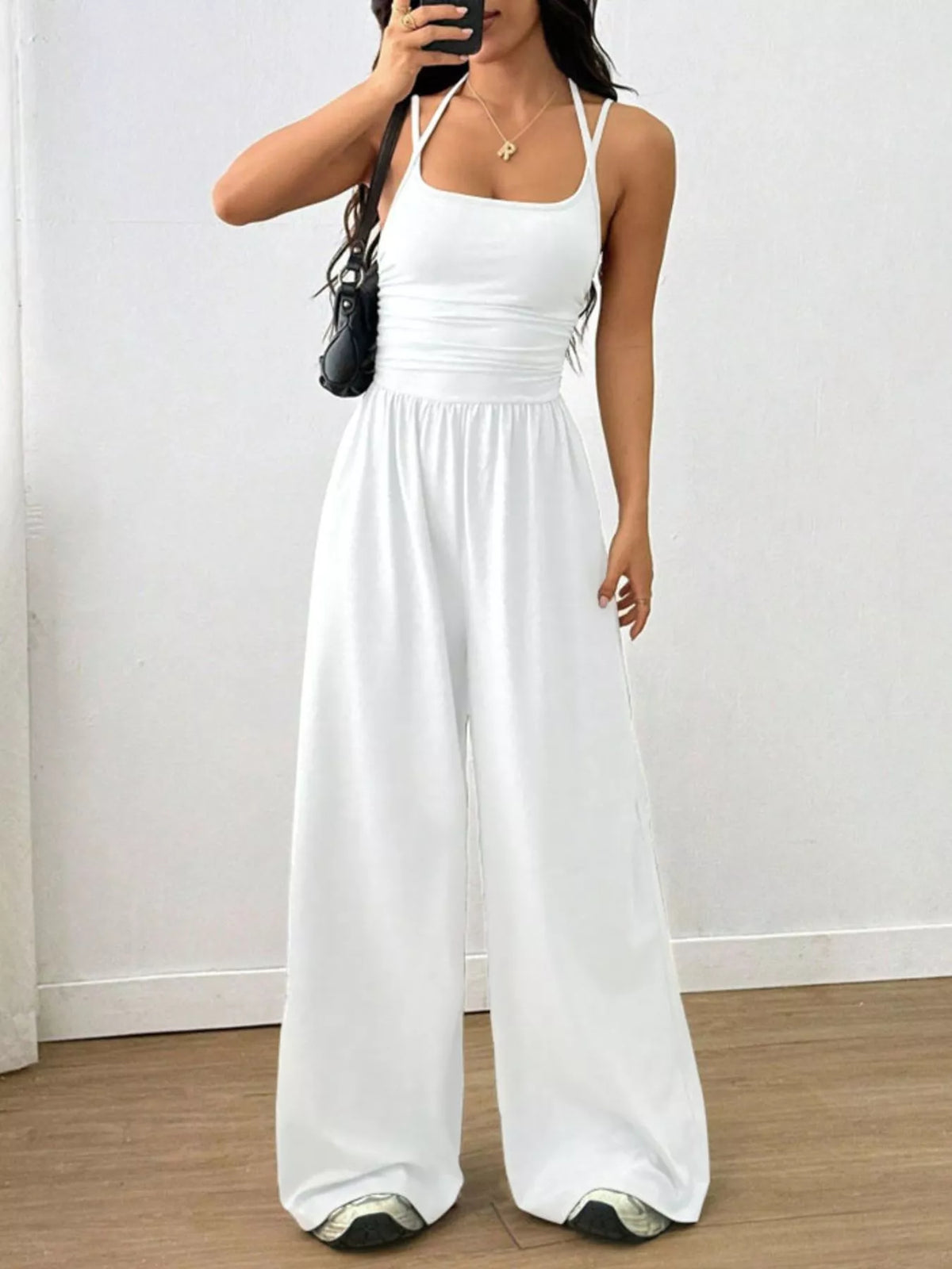 Ruched Spaghetti Strap Wide Leg Jumpsuit