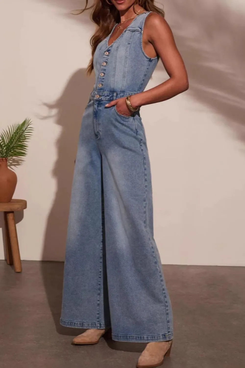 V-Neck Wide Leg Denim Jumpsuit in Medium Wash