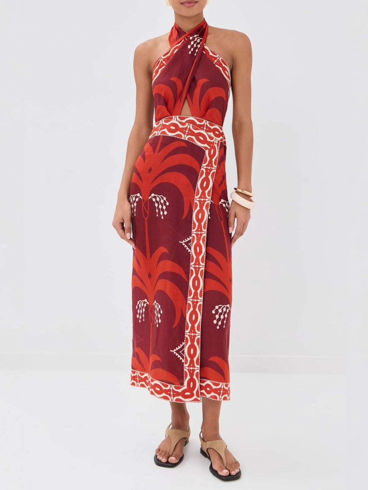 Tropical Print Halter Wrap Dress in Red