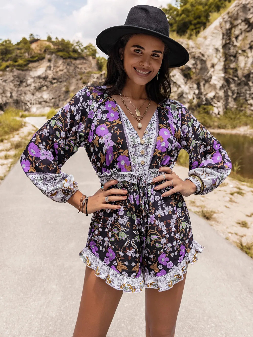 Balloon Sleeve Romper in Mauve