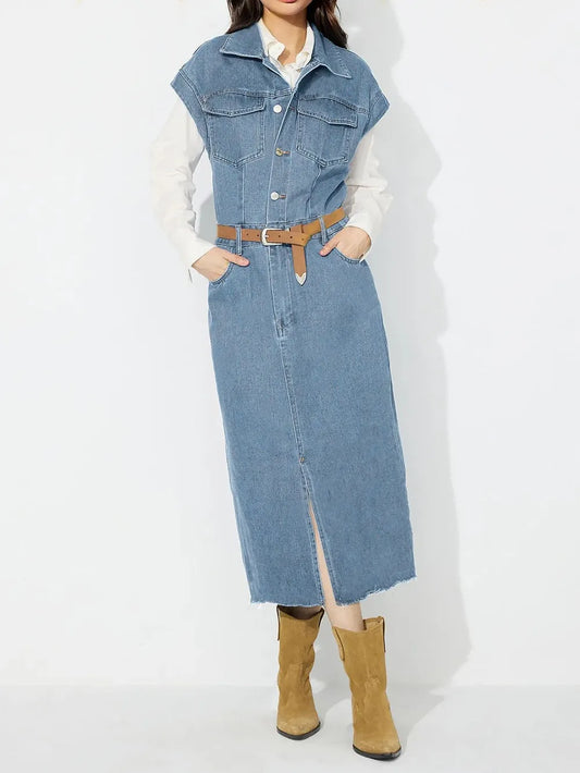 Half-Button Denim Dress with Slit
