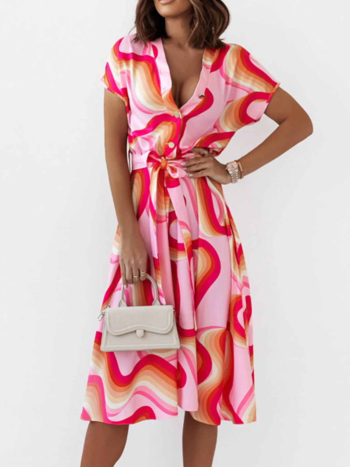 Printed Button-Front Midi Dress with Belt
