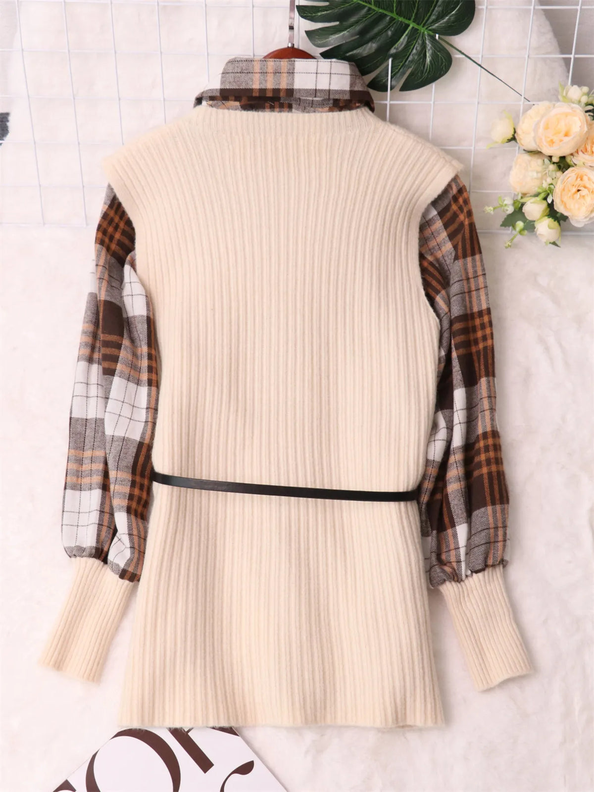 Plaid Long Sleeve Belted Sweater Dress