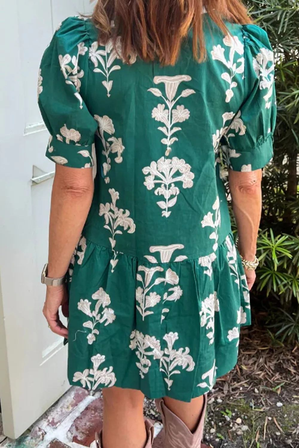 Frilled V-Neck Puff Sleeve Floral Mini Dress in Turquoise