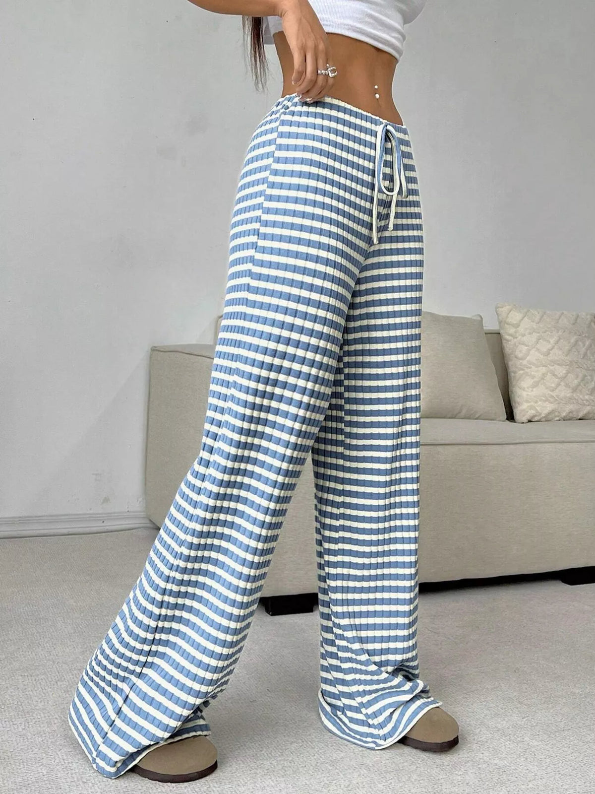 Ribbed Knit Drawstring Wide-Leg Pants