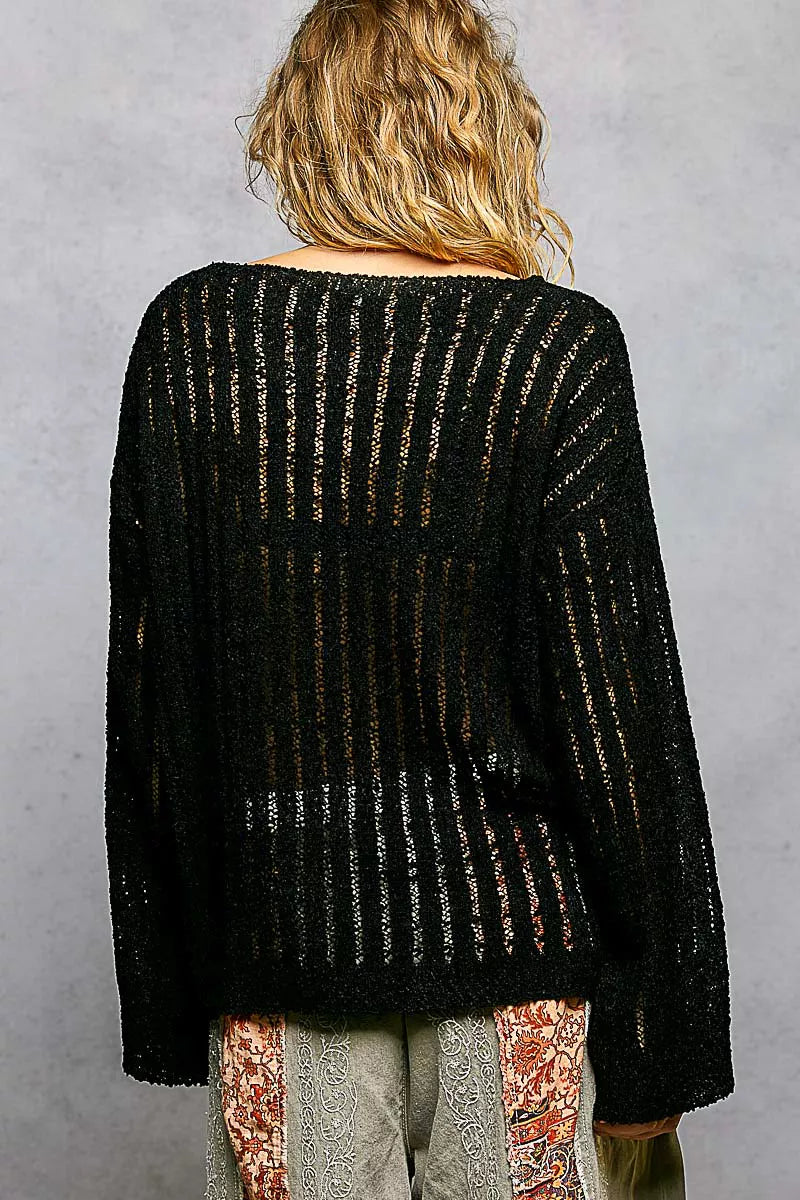 Black Round Neck Open Weave Sweater by POL