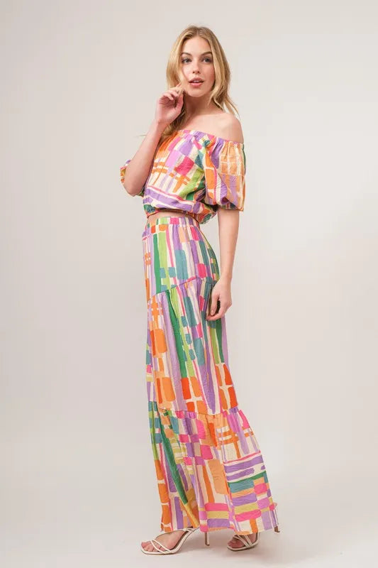 And The Why Geo Print Puff Sleeve Crop Top in Multi