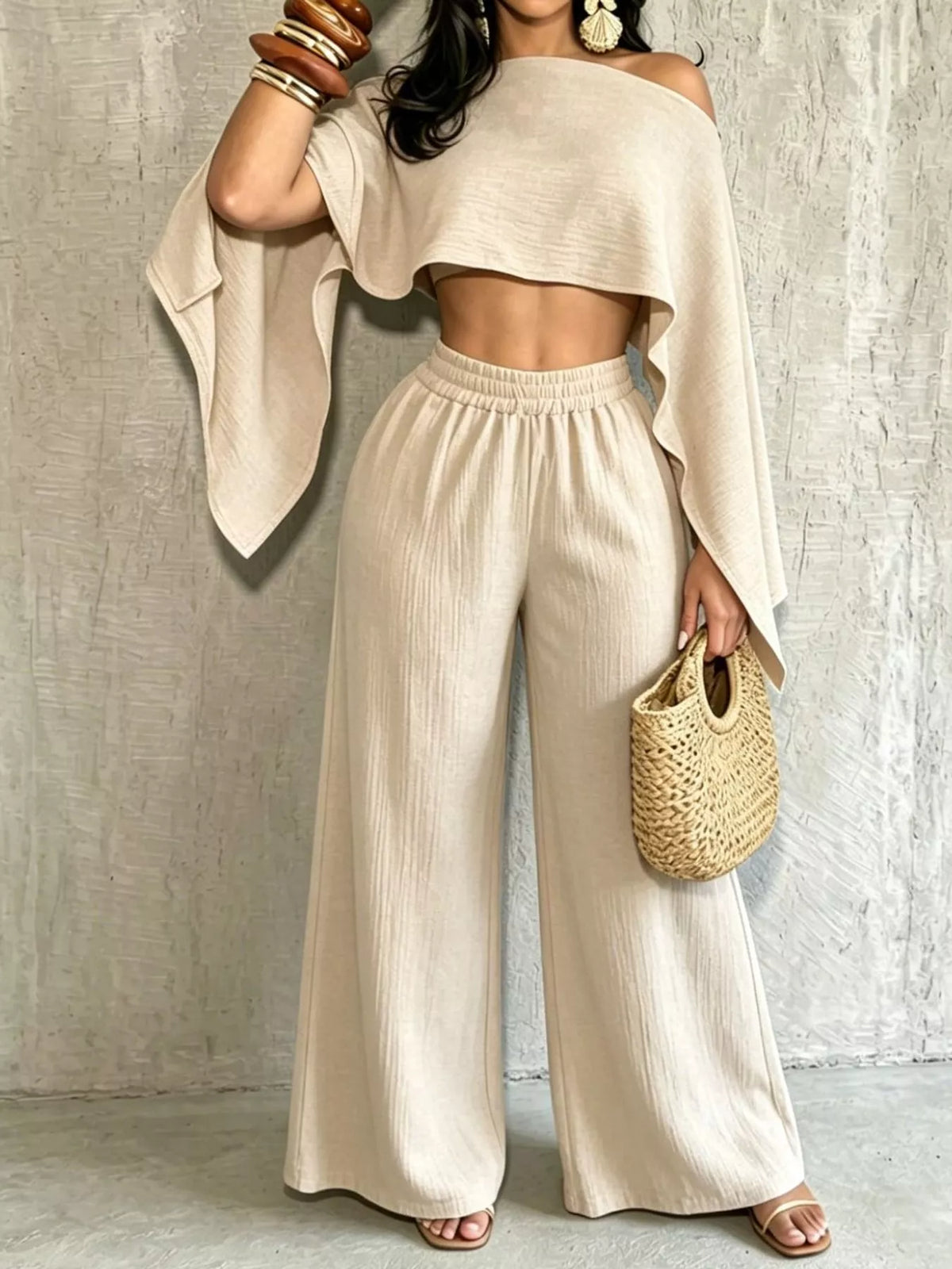 Boat Neck Crop Top and Wide-Leg Pants Set