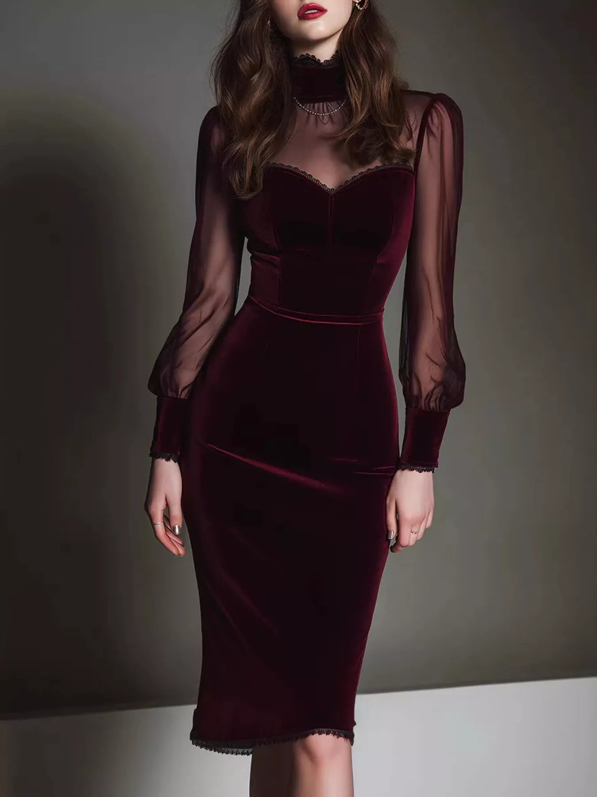 Velvet Bodycon Dress with Sheer Mesh Sleeves in Burgundy