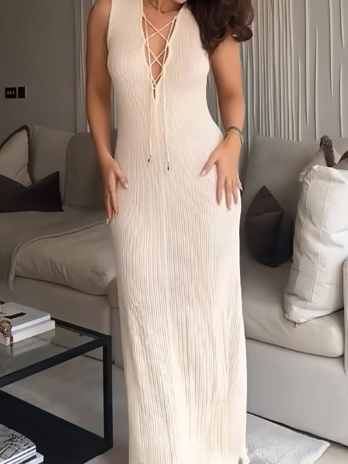 Lace-Up Sleeveless Maxi Dress in White
