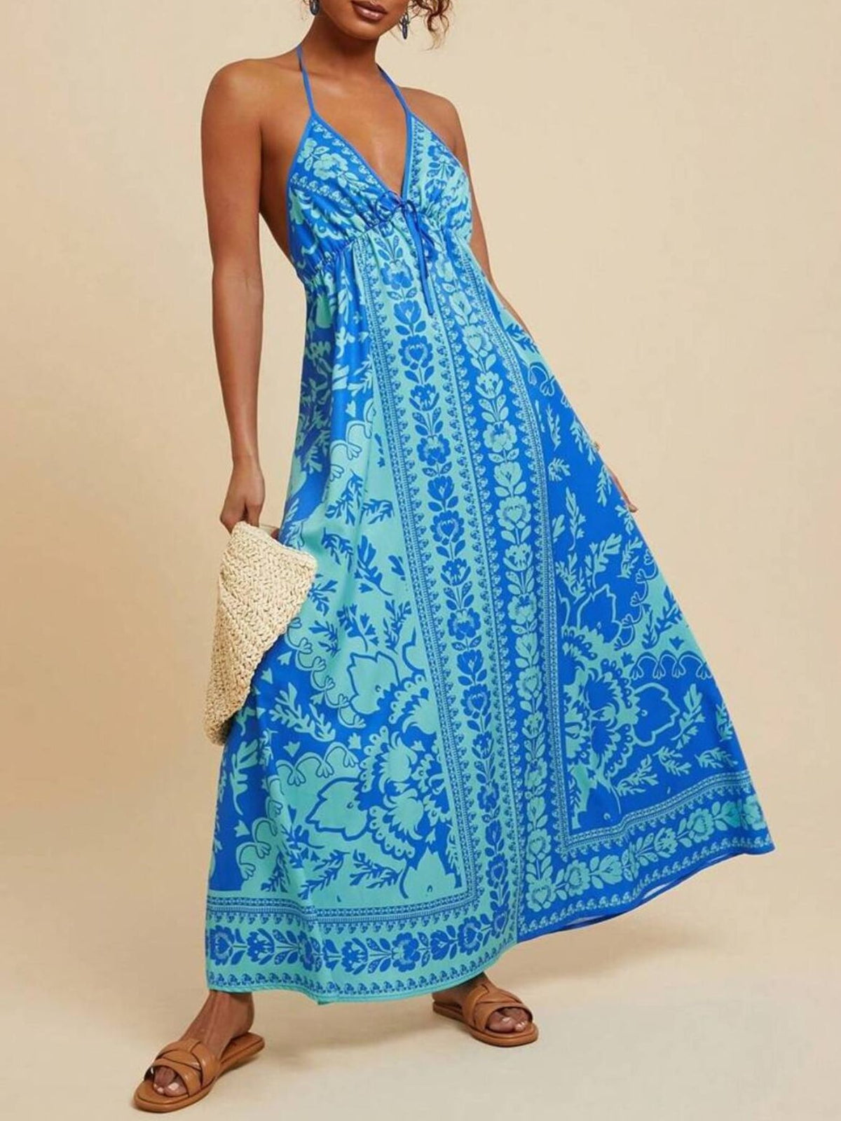 Bohemian Floral Halter Maxi Dress in Blue