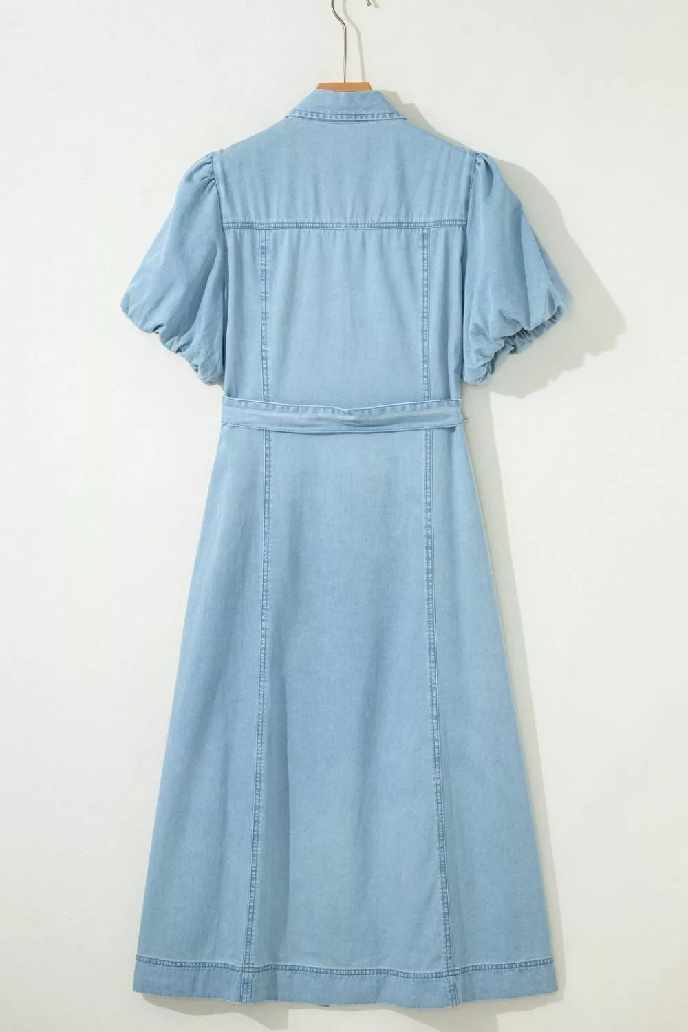 Collared Bubble Sleeve Denim Dress in Light Blue