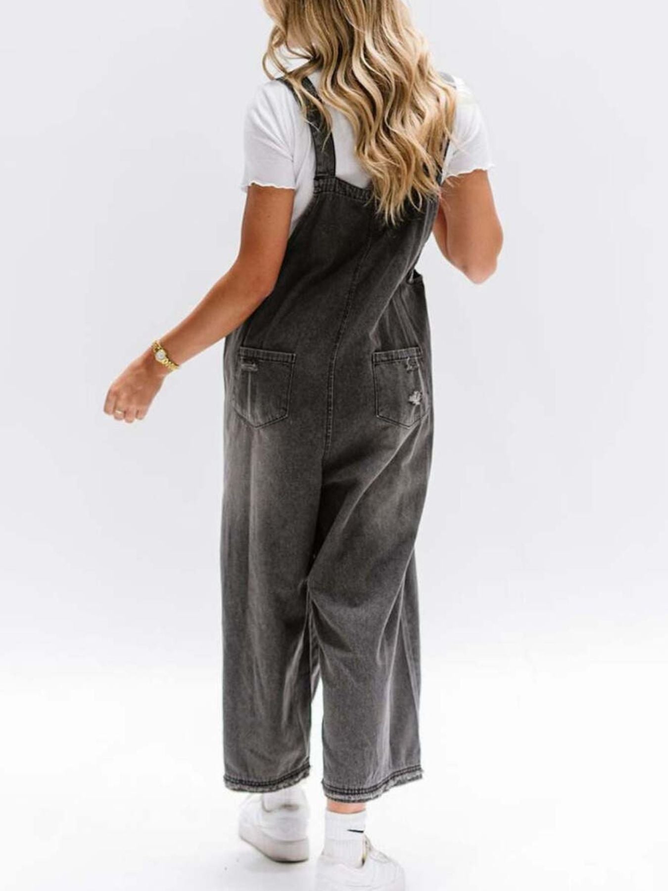 Distressed Wide Leg Denim Overalls by Dreamy Drapes