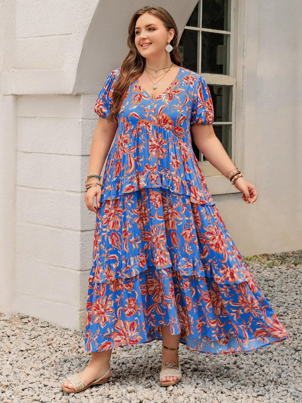 Ruffled Print V-Neck Maxi Dress in Blue