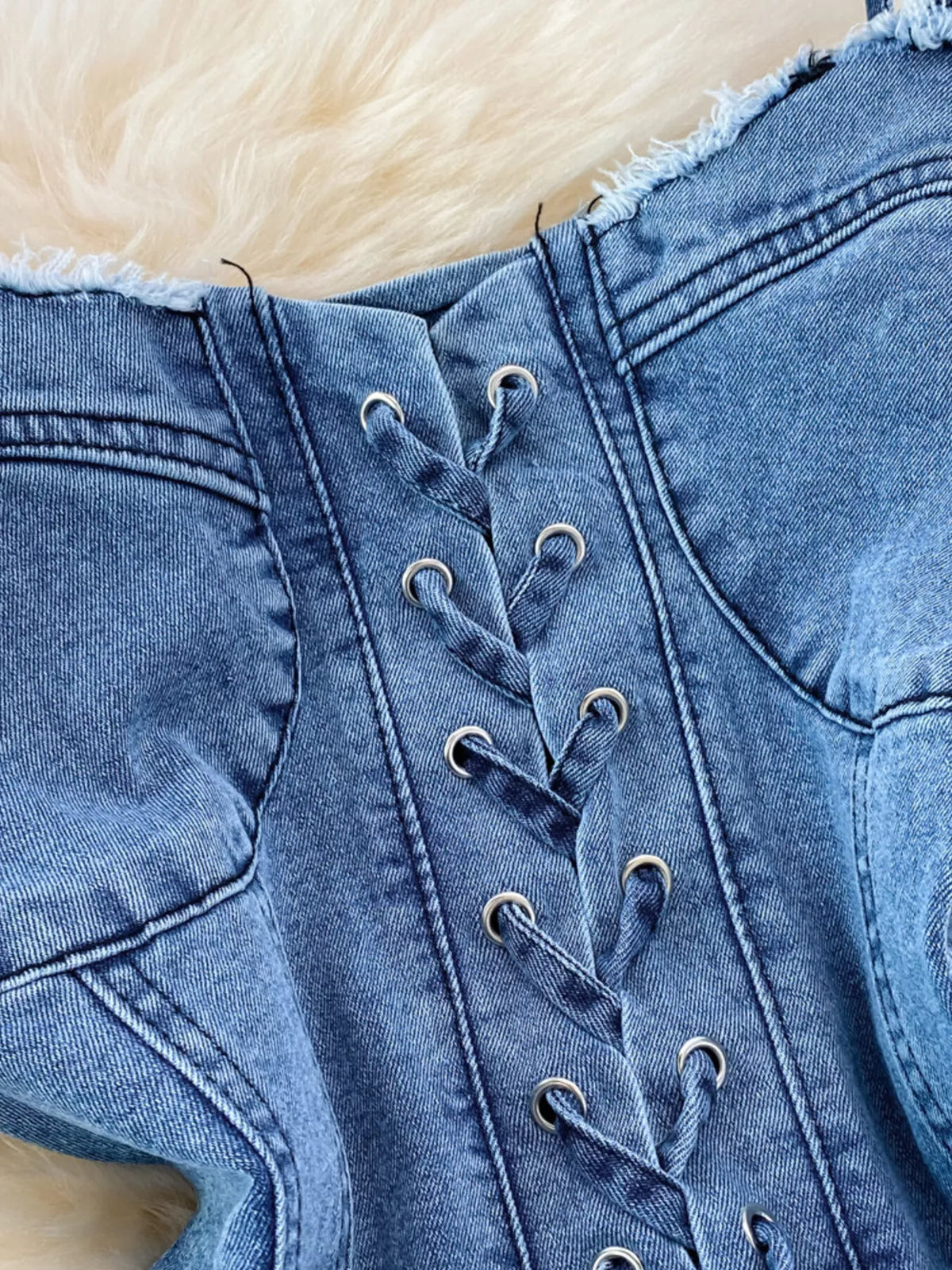 Lace-Up Denim A-Line Mini Dress in Blue