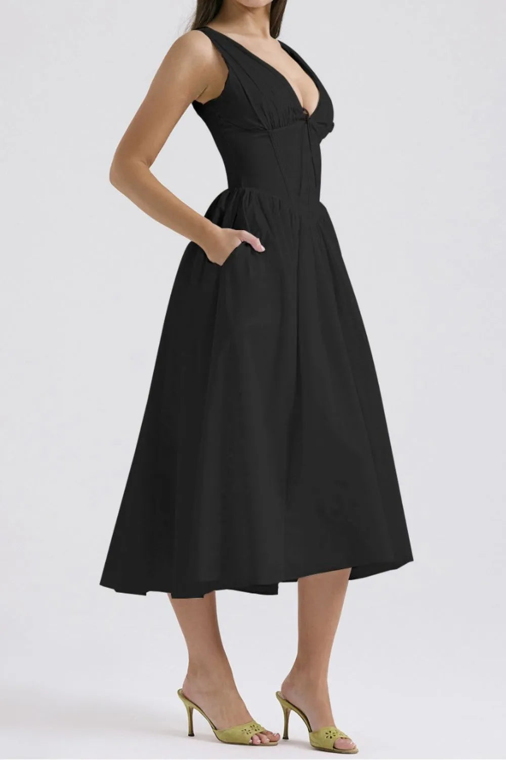 Ruched V-Neck Sleeveless Dress with Pockets