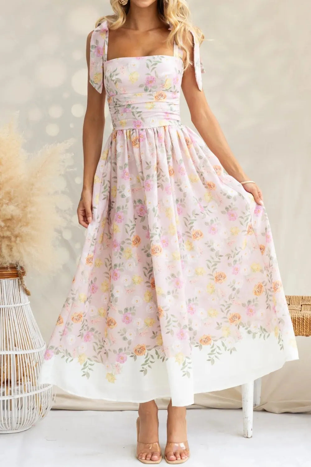 Printed Tie-Shoulder Midi Cami Dress