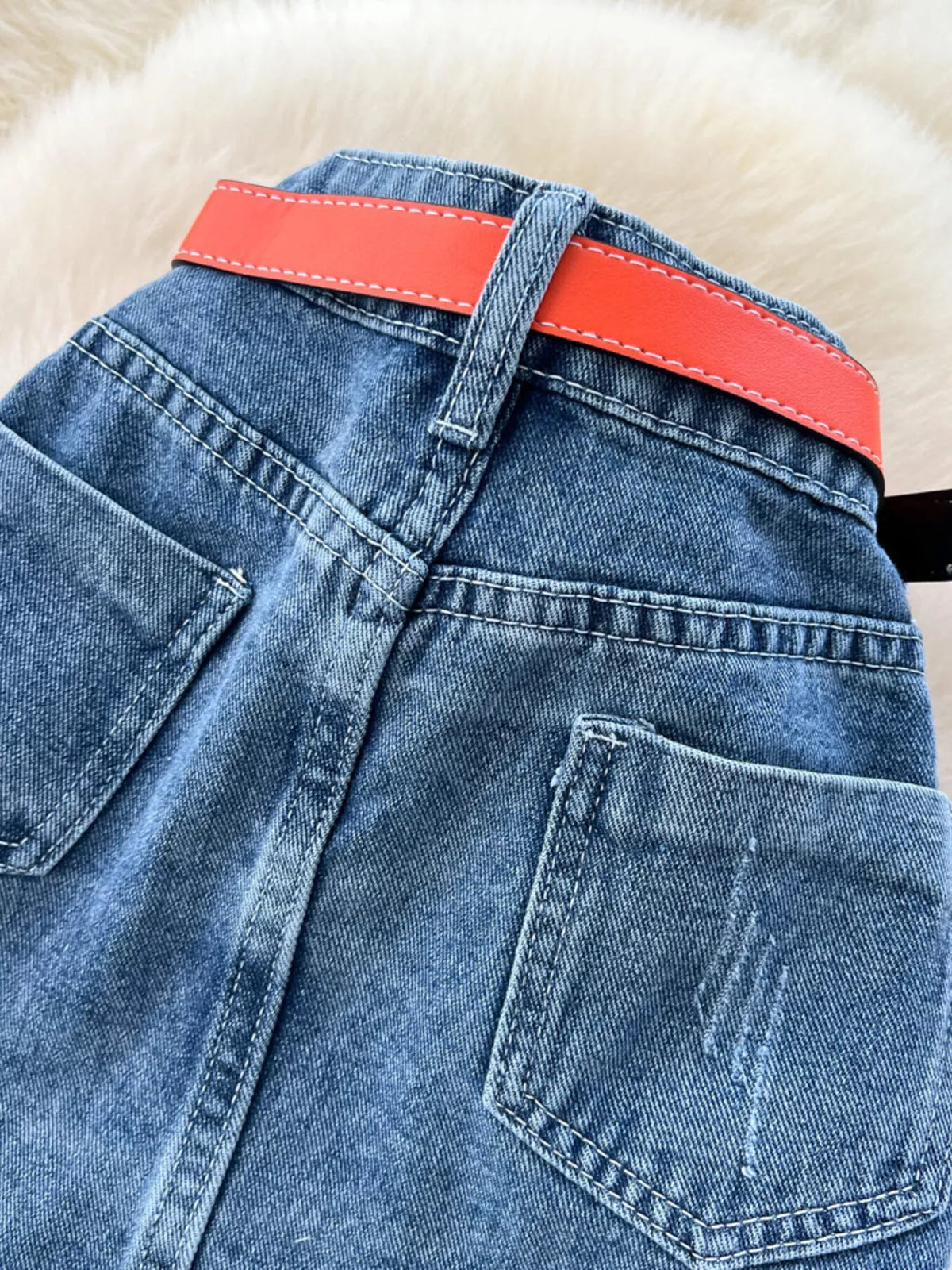 Striped Patchwork Denim Skirt in Blue