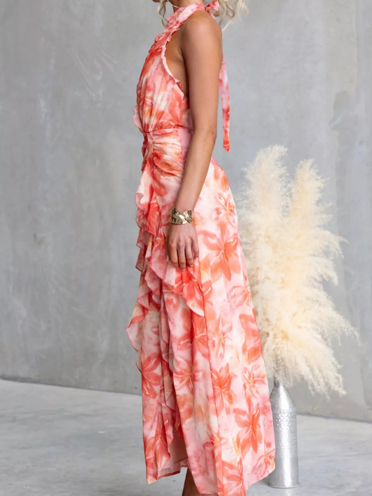 Floral Ruffle Halter Neck Maxi Dress