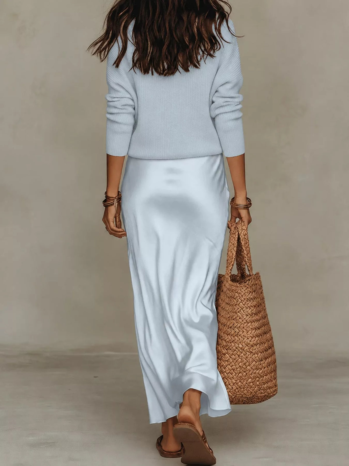 V-Neck Top and Satin Midi Skirt Set