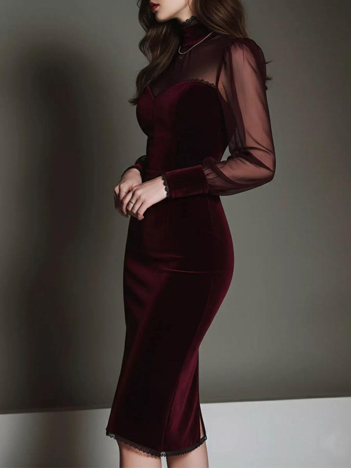 Velvet Bodycon Dress with Sheer Mesh Sleeves in Burgundy