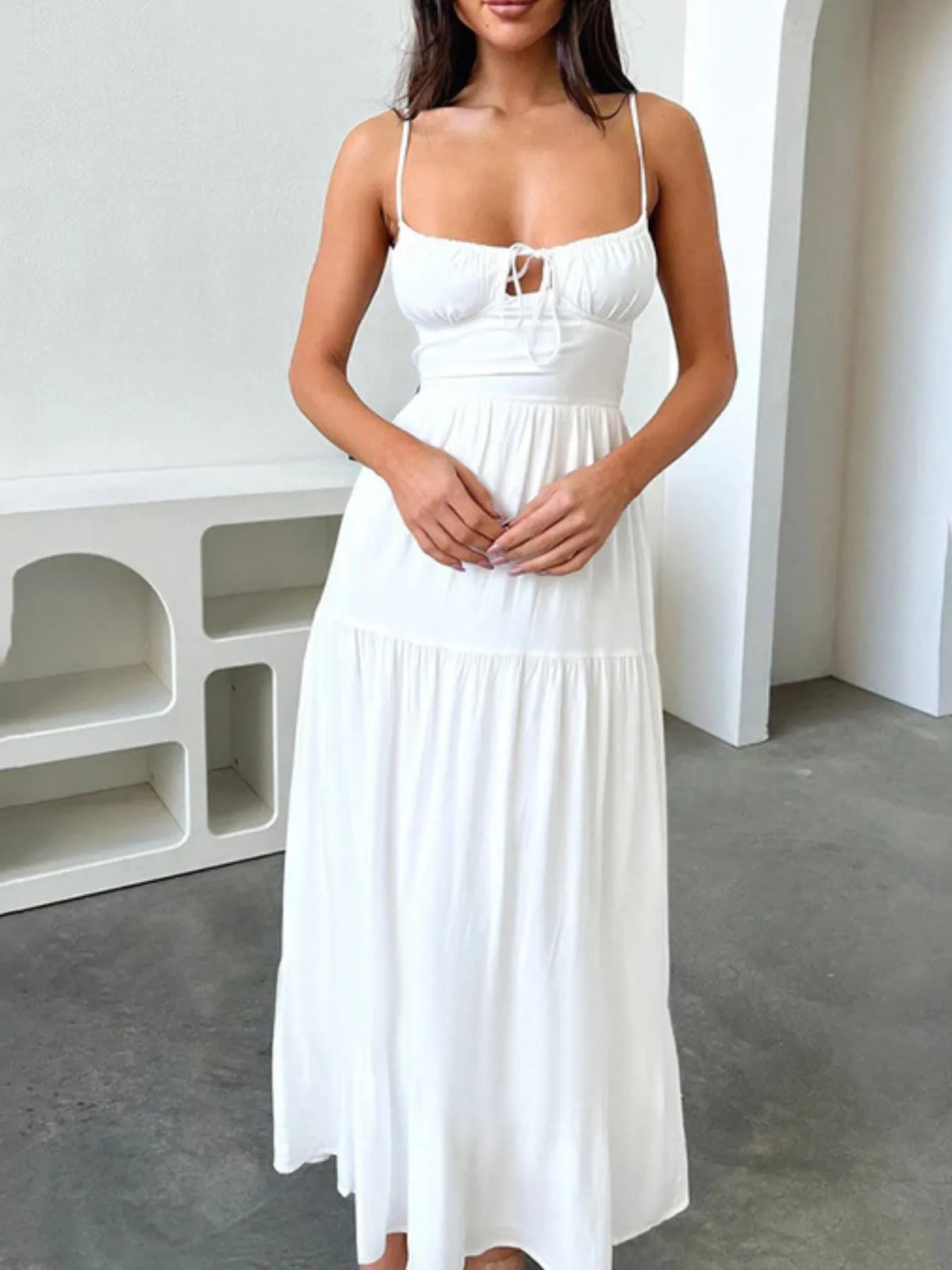 Tiered Lace-Up Spaghetti Strap Maxi Dress