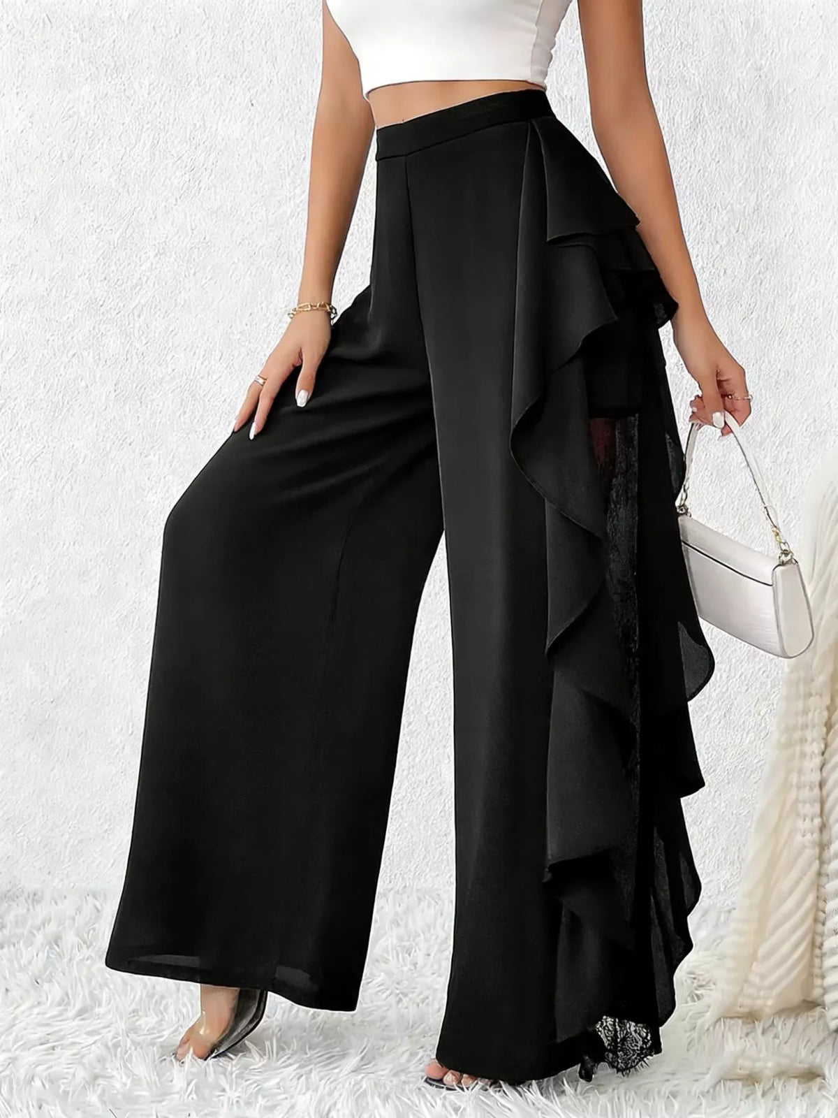 Ruffled Wide-Leg Pants in Black