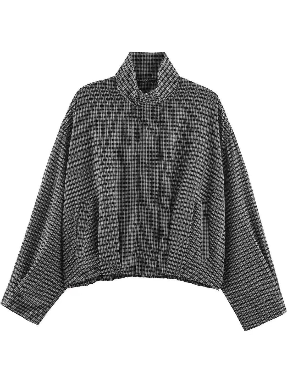 Plaid Stand-Collar Cropped Jacket