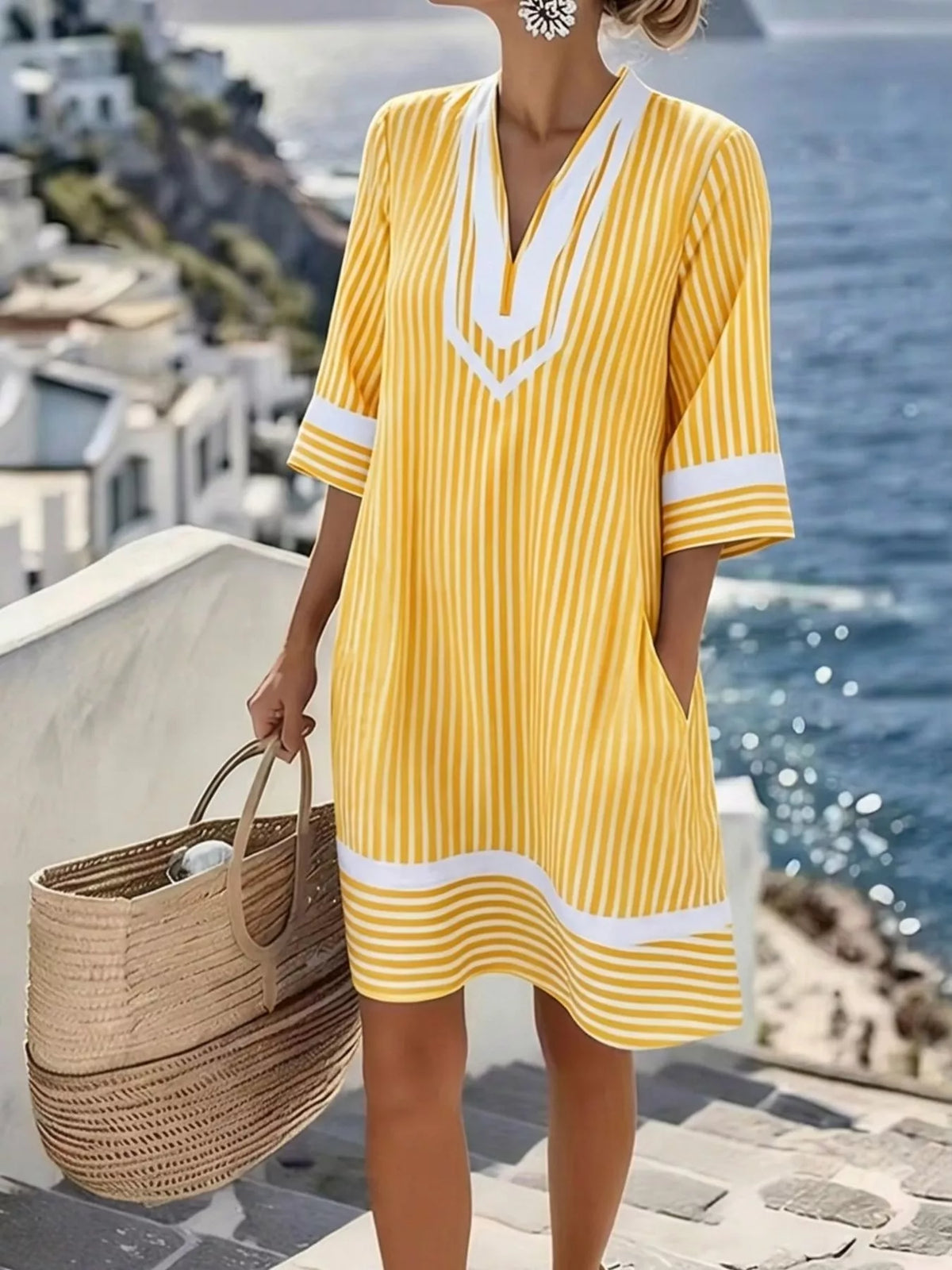 Striped V-Neck Pocketed Casual Dress