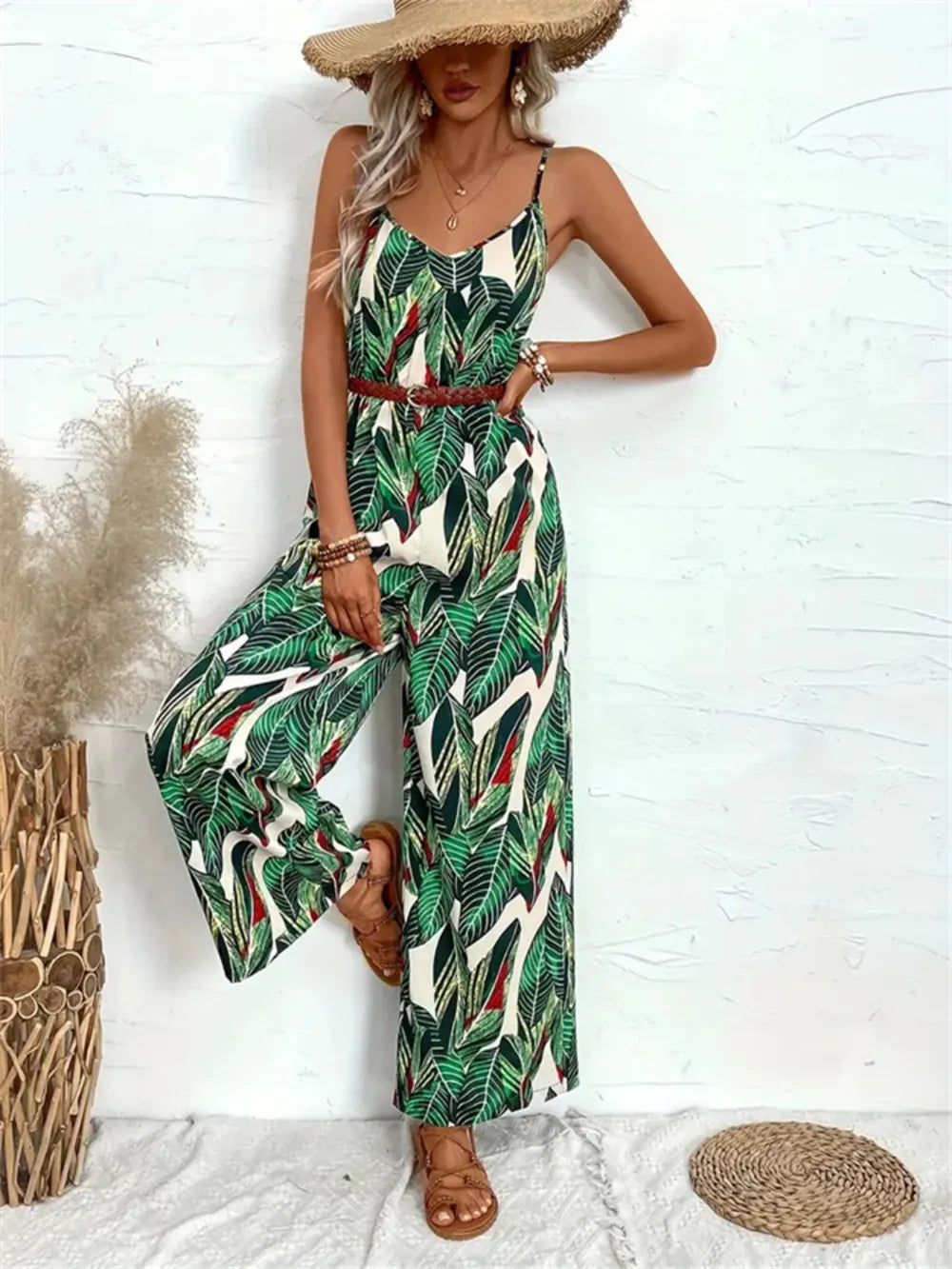 Tropical Print Wide Leg Jumpsuit in Dark Green