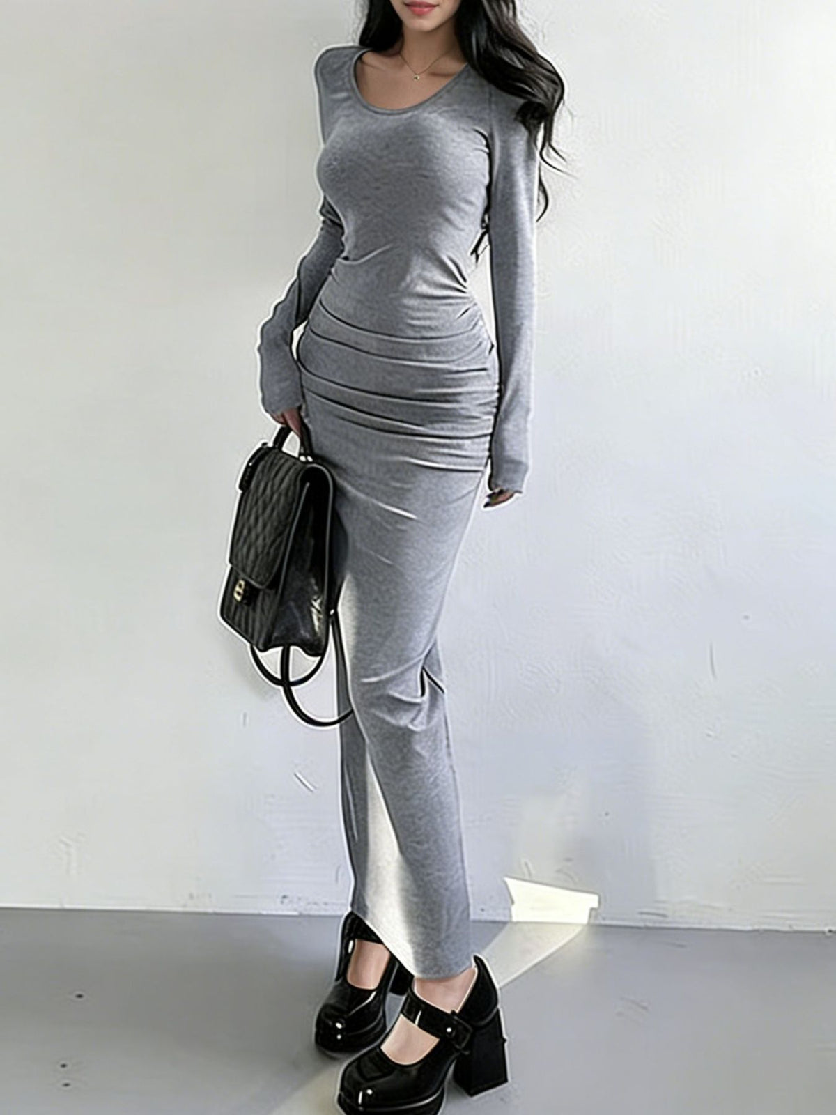 Long-Sleeve Ruched Bodycon Maxi Dress