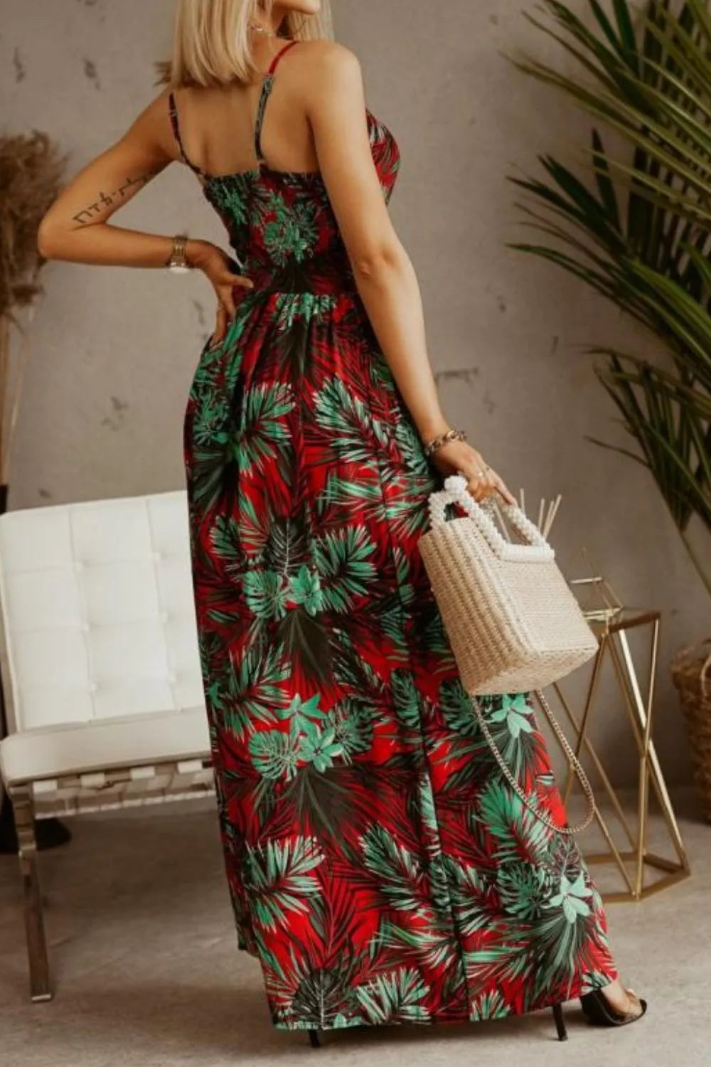 Smocked Spaghetti-Strap Printed Maxi Dress