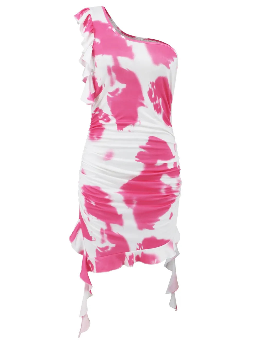 Ruffled Tie-Dye Single-Shoulder Mini Dress