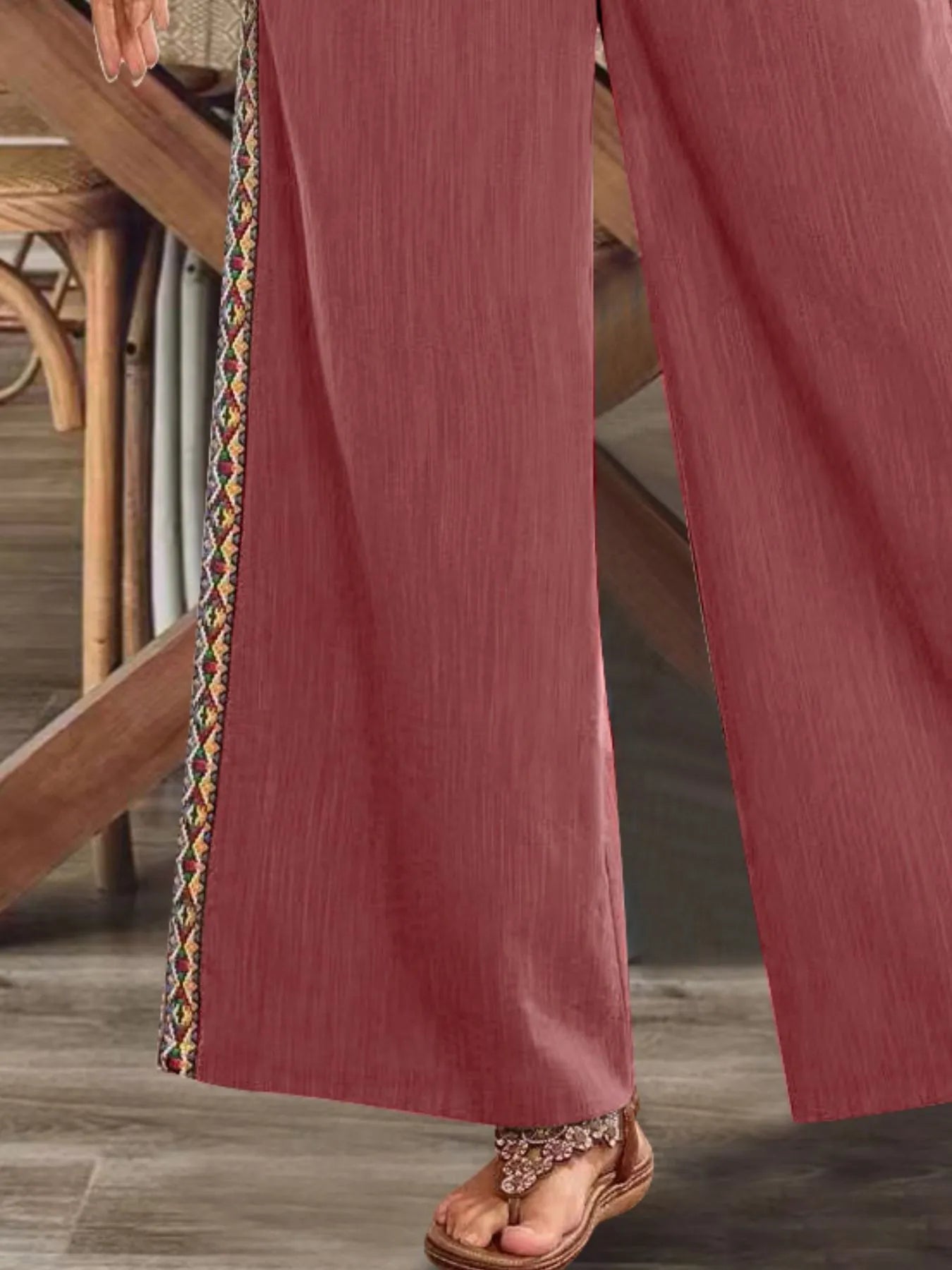 Embroidered Side-Stripe Wide-Leg Pants