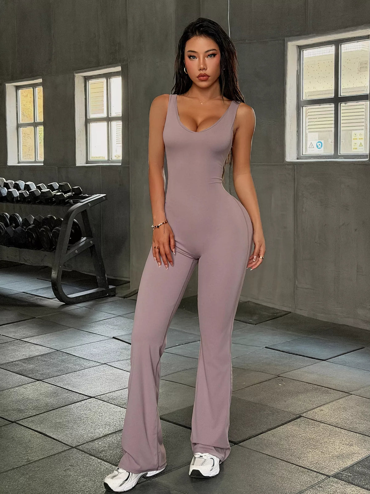 Sleeveless Flared Leg Jumpsuit in Grayish Purple
