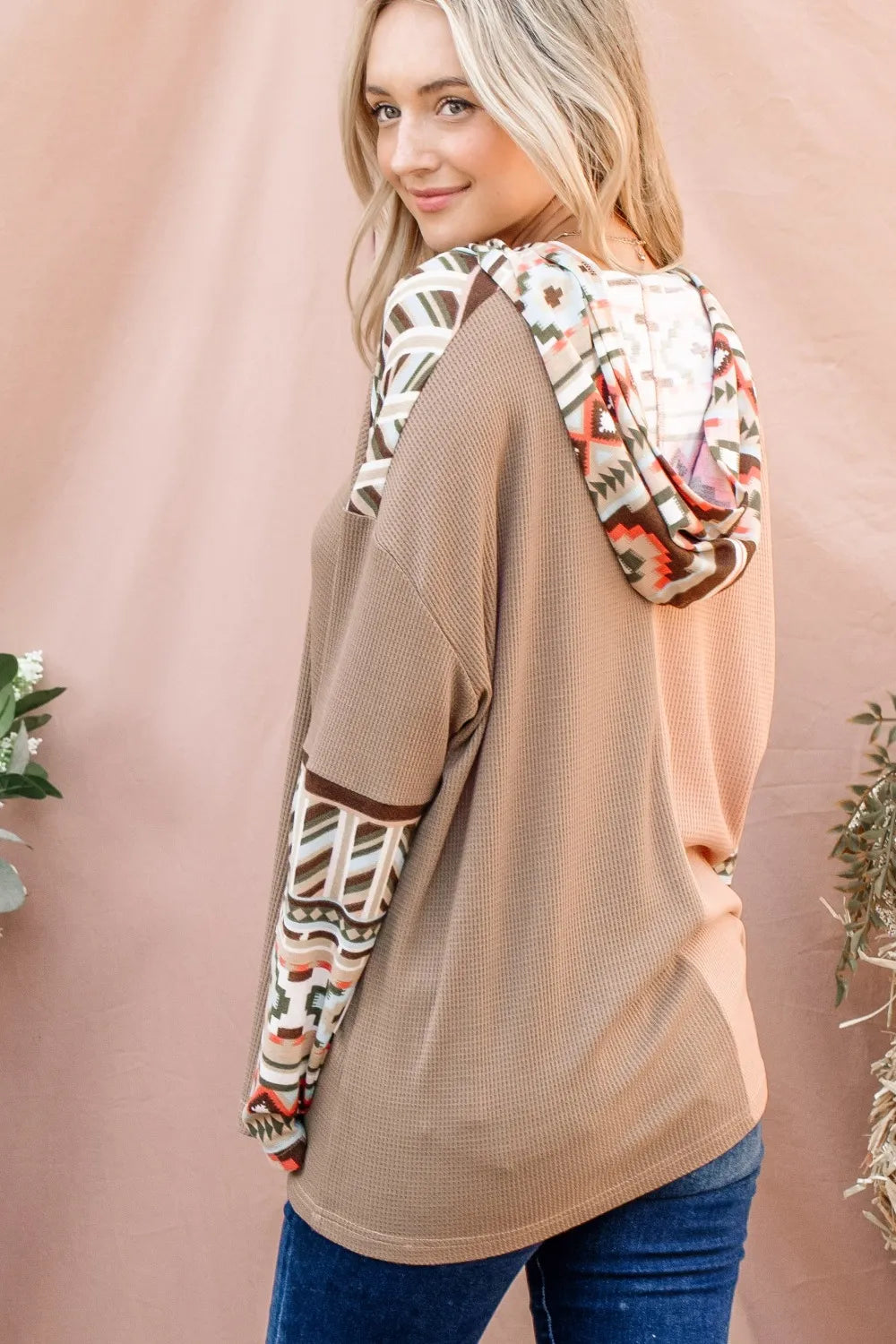 And The Why Color Block Hooded Waffle Top in Multi