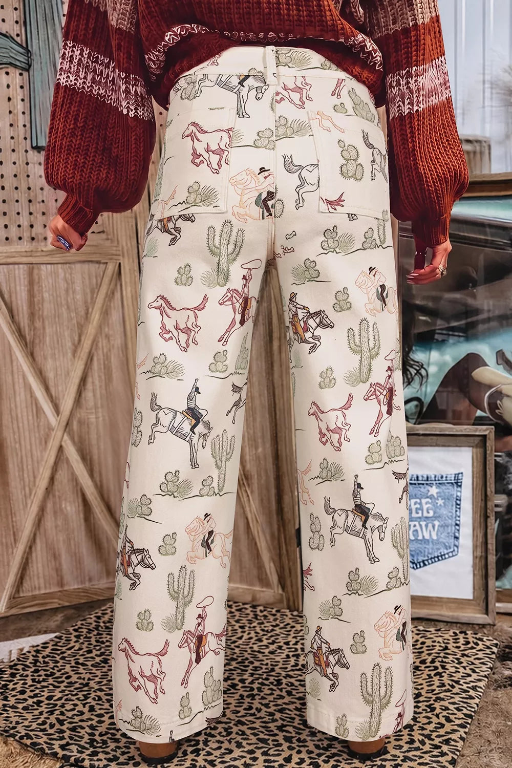 Western Print Straight-Leg Ankle Jeans in Beige