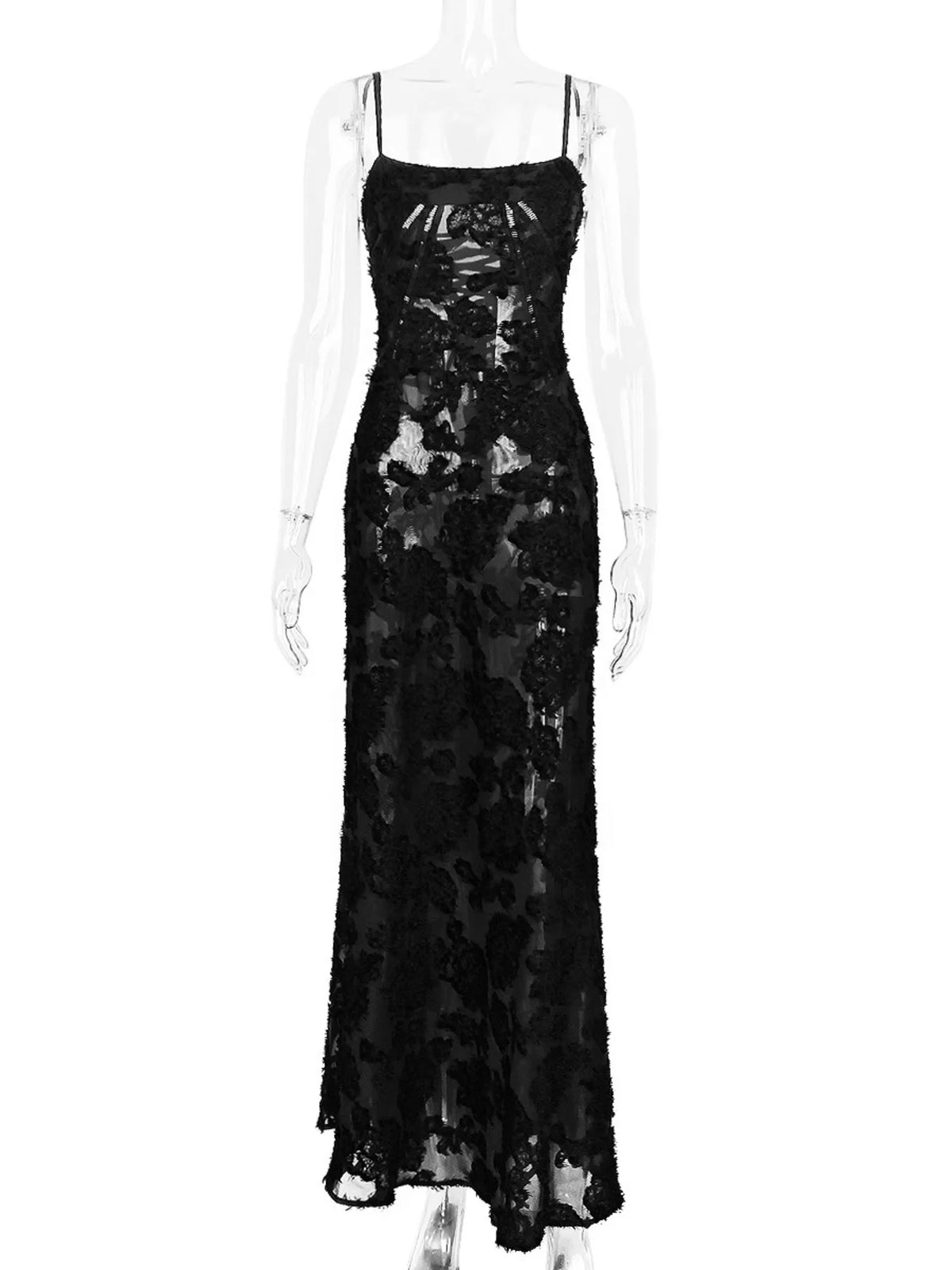 Lace-Up Spaghetti Strap Maxi Dress in Black by Elegant Elements