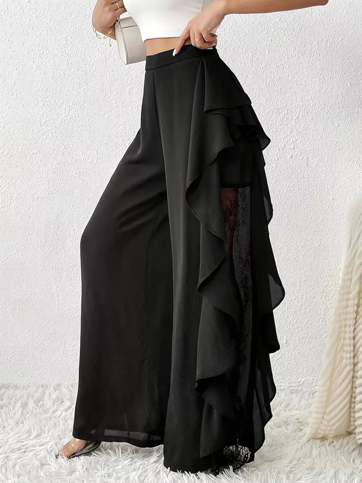 Ruffled Wide-Leg Pants in Black