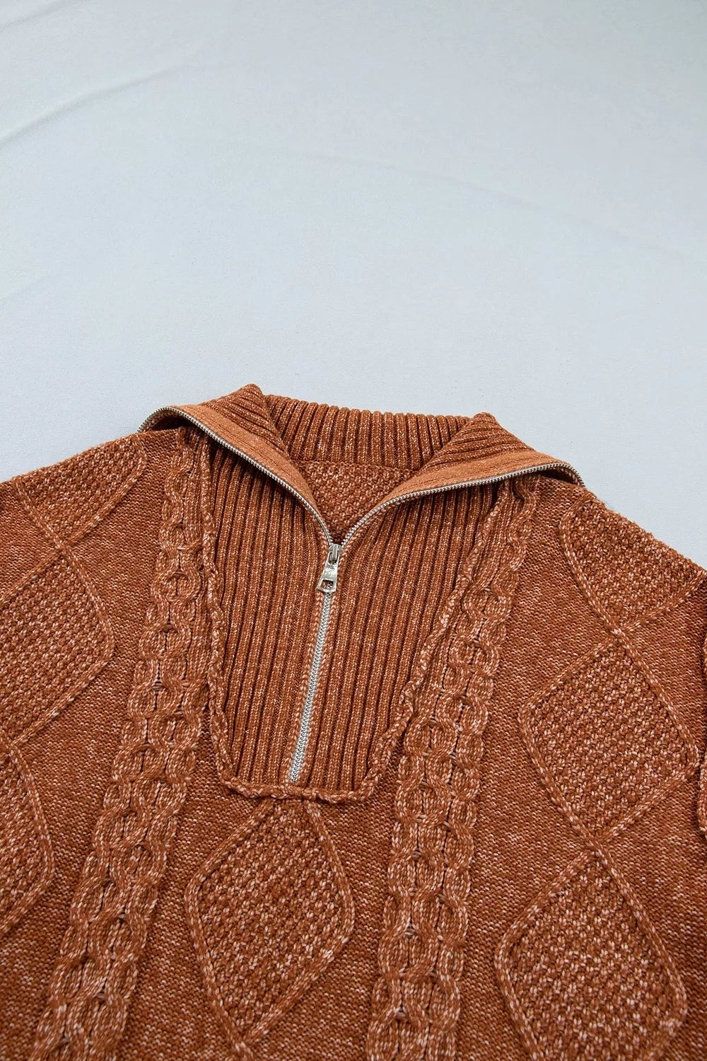 Zip-Up Cable Knit Drop Shoulder Sweater Dress in Caramel