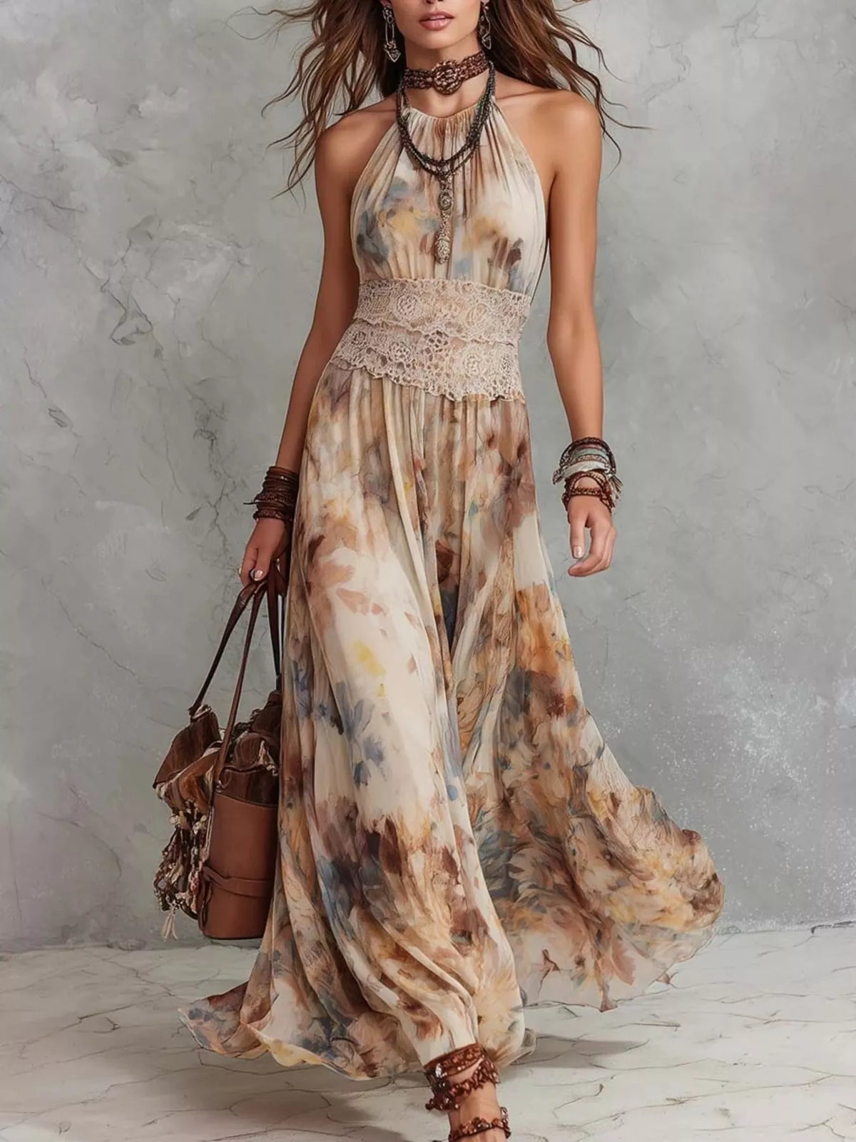 Floral Print Halter Maxi Dress in Beige by Yvette