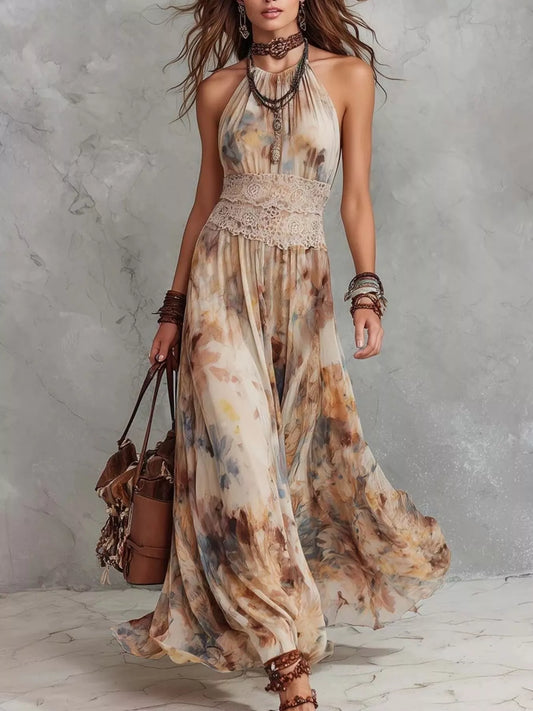 Floral Print Halter Maxi Dress in Beige by Yvette