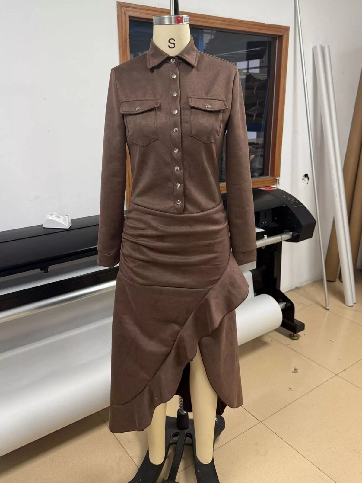 Button Front High-Low Maxi Dress in Dark Brown