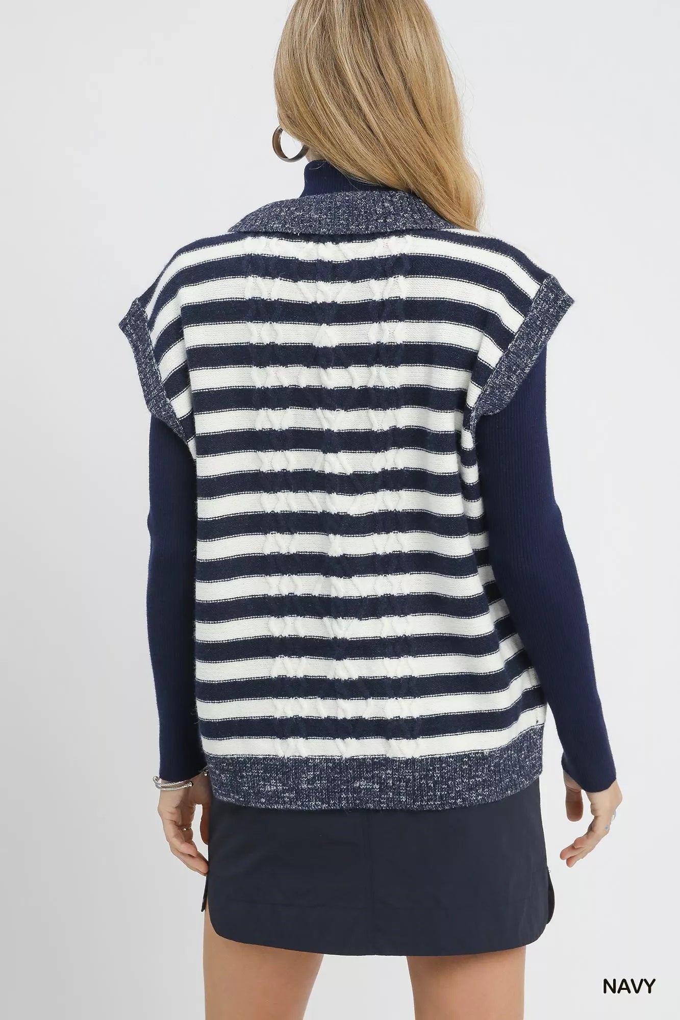 Umgee Cable Knit Collared Striped Sweater Vest in Navy