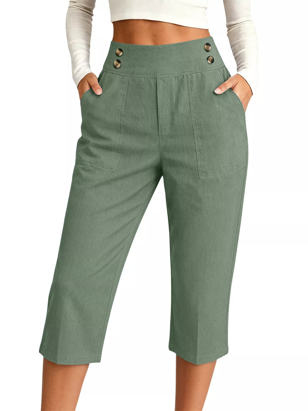 High-Waisted Button-Detail Cropped Pants
