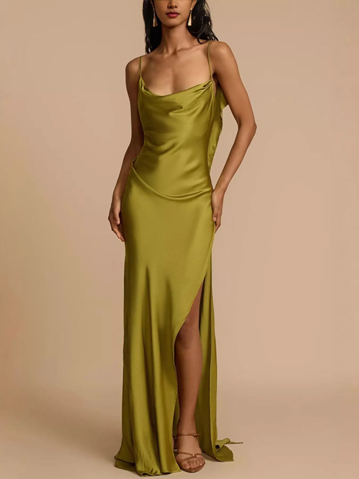 Satin Cowl Neck Slit Maxi Dress in Matcha in Matcha Color
