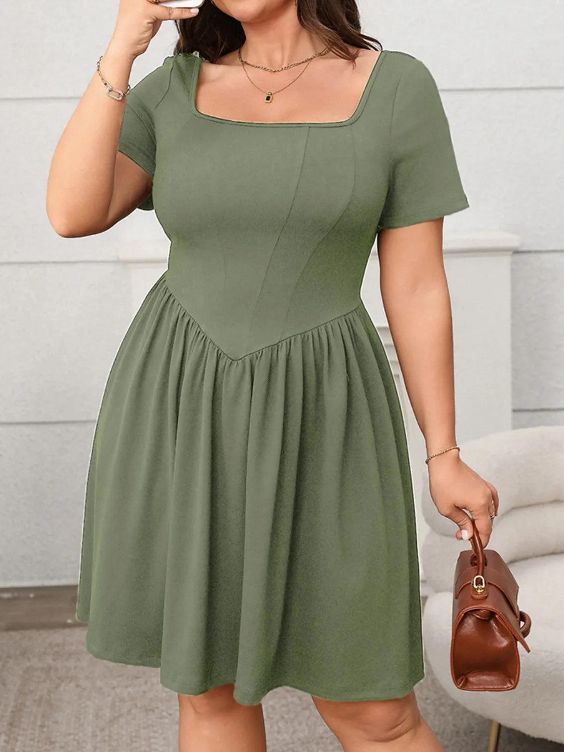 Plus-Size Square Neck Short Sleeve Mini Dress in Matcha Green