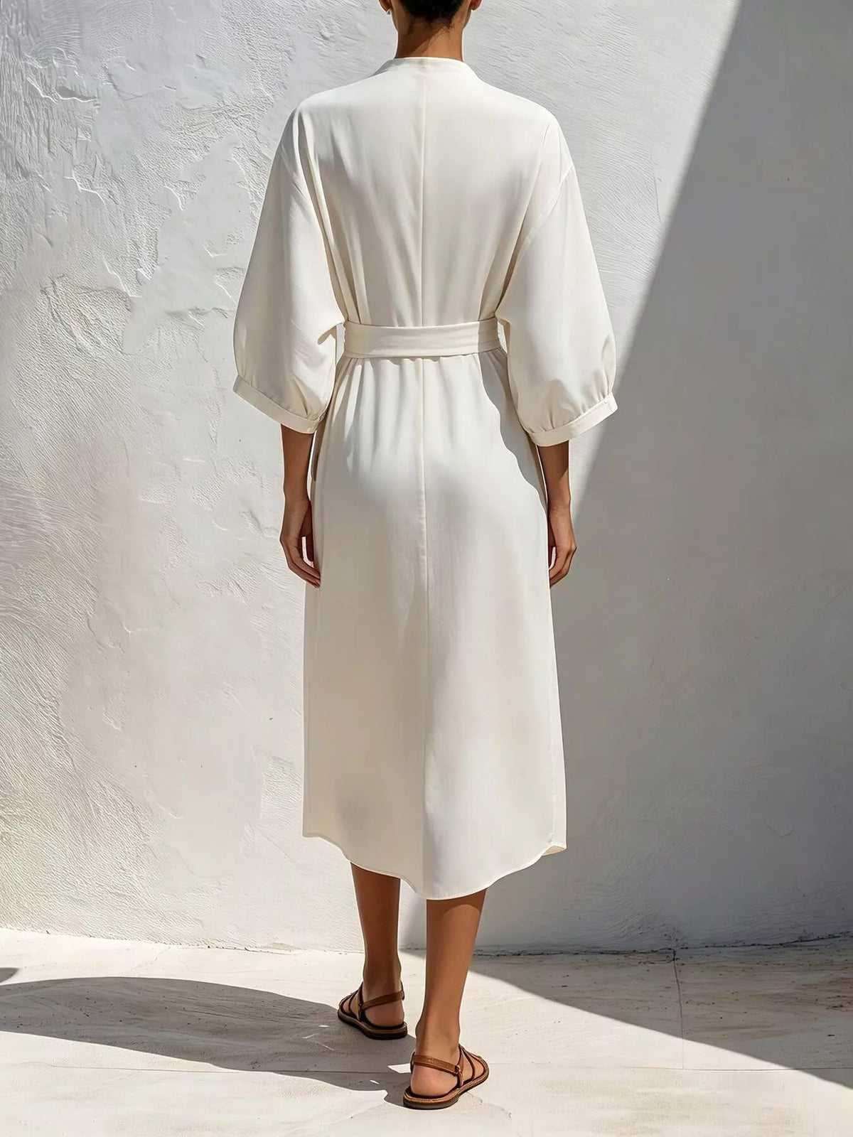 Tie-Waist V-Neck Button Midi Dress