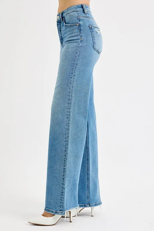 Risen Distressed Wide Leg Jeans in Medium Wash